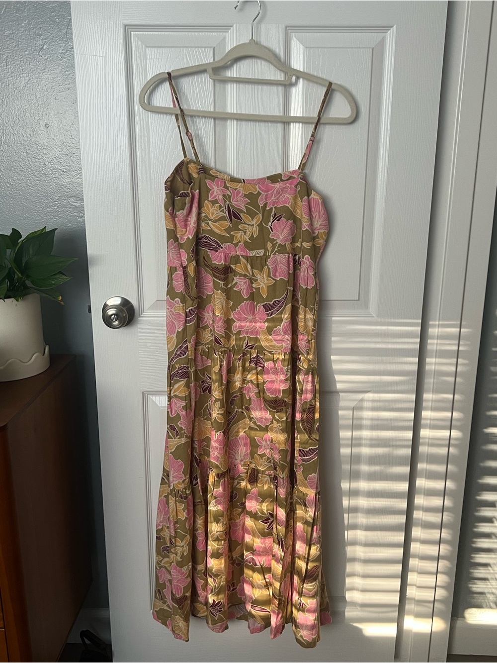 Floral Spaghetti-Strap Midi Dress in Olive & Pink - Picture 2 of 4